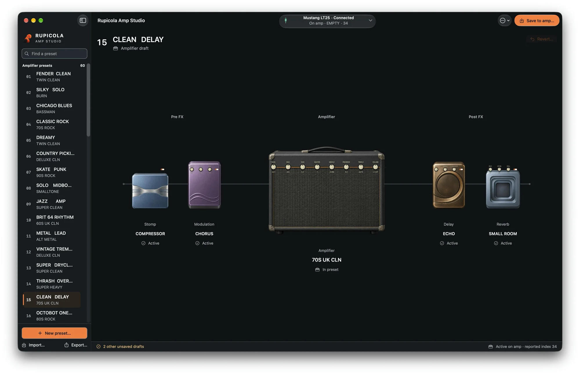 Rupicola’s native Mac app with CLEAN DELAY selected, a preset sidebar, and amplifier and effect controls in a fixed signal chain.